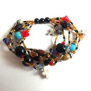 Multi Strand Beaded Charm Bracelet Cross Faith Christian Faceted Purple Black